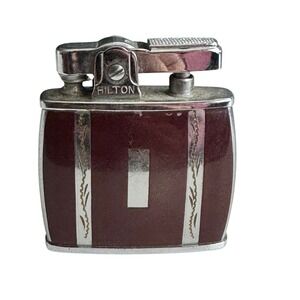 VTG Hilton Automatic Pocket Lighter Dark Burgundy Enamel Silver Tone NICE! READ